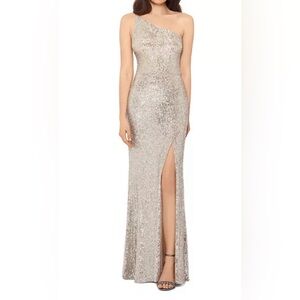 NWT!! Xscape One-Shoulder Slit Sequin Gown Dress Nude/Silver Size 4 $250